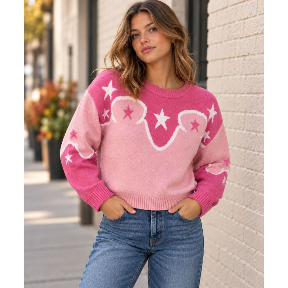 BaeVely Cowgirl Barbie Pink Star Yoke Western Knit Cropped Sweater Size Medium